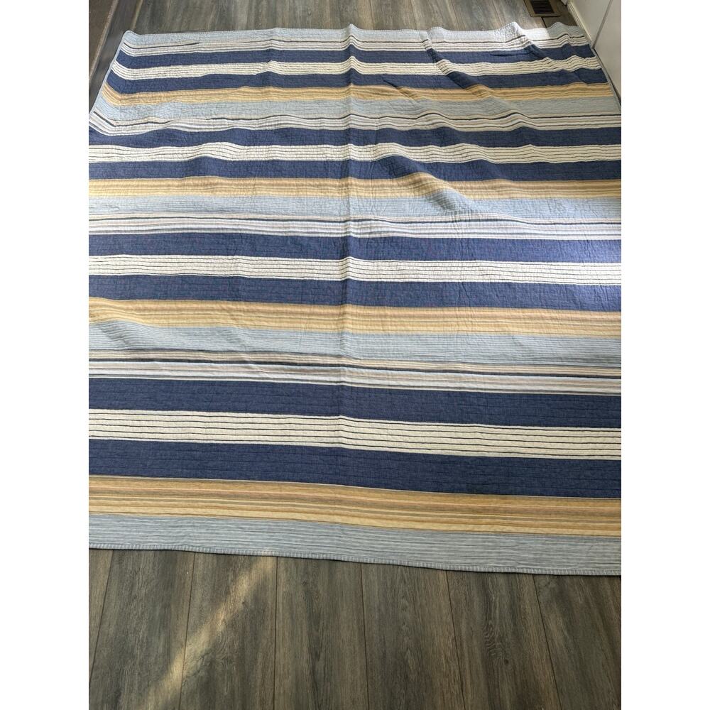 Cotton Striped Coastal Quilt 84”x89” Reversible Blue Beige Full Queen Cottage